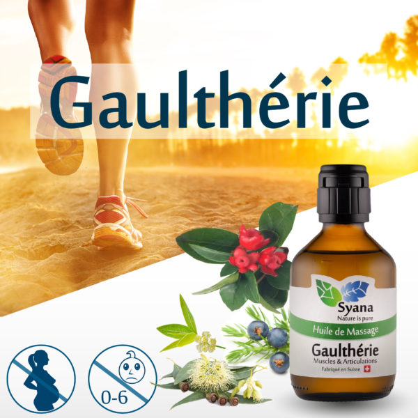 Bouteille huile de massage Gaulthérie, avec image d'une personne qui court