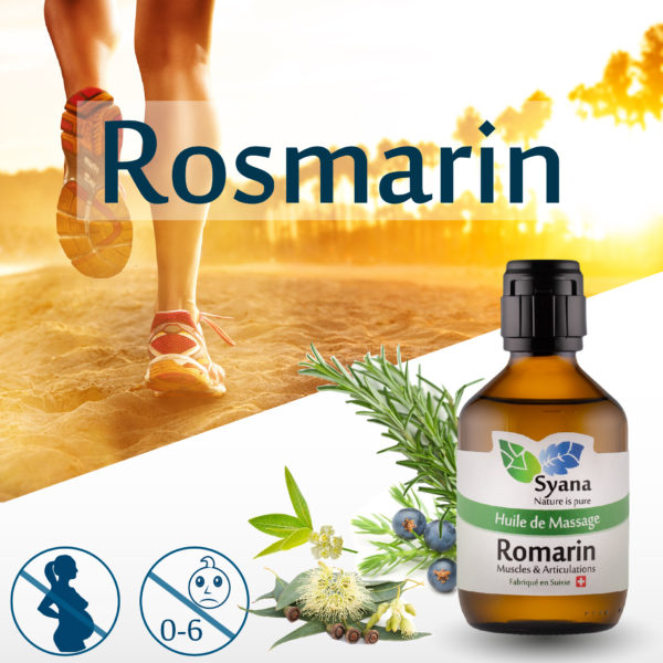 Flasche Massageöl Rosmarin. Hintergrund mit einer rennenden Person.