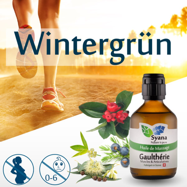 Flasche Wintergrün-Massageöl, mit Bild einer rennenden Person