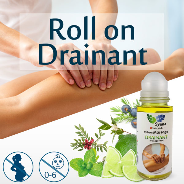 Rollon Massage Drainant. Arrière fond, une personne qui se fait masser les jambes. A côtés citrons verts, feuille de menthe, branche de genevrier